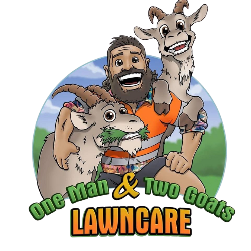 Logo for One Man Two Goats Lawn Care, featuring a stylized design of a man and two goats with a landscaping theme
